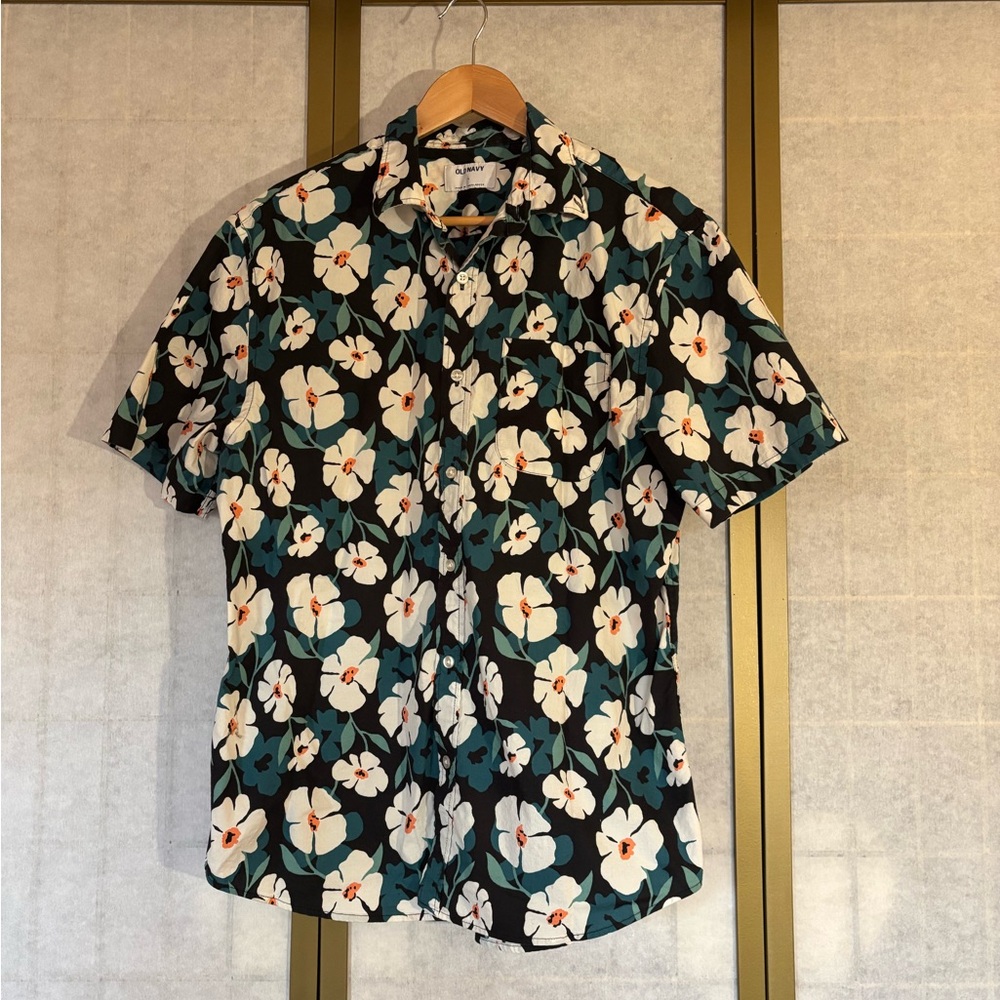 Old Navy Men's Floral Shirt - Black, White, and Teal, Size Large